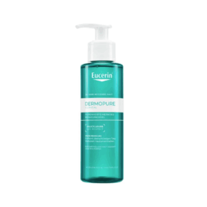 Transparente Flasche mit Pumpe, enthält porenverfeinerndes Reinigungsgel von Eucerin, für akneanfällige Haut geeignet.