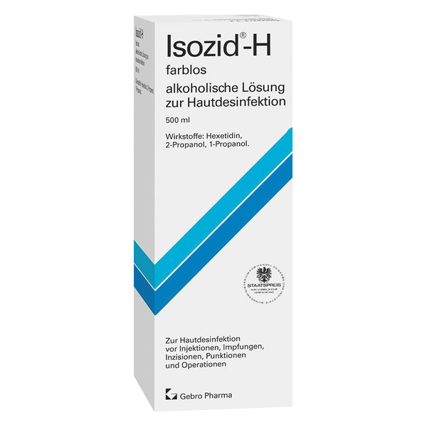 Verpackung von Isozid-H, einer farblosen alkoholischen Lösung zur Hautdesinfektion in einer 500 ml Flasche.