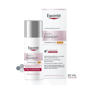 Eucerin Anti-Pigment Tagespflege LSF 30 in einer Flasche mit einem Pumpspender, zusammen mit einer Verpackung.