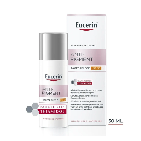 Eucerin Anti-Pigment Tagespflege LSF 30 in einer Flasche mit einem Pumpspender, zusammen mit einer Verpackung.